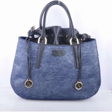 Fendi B Fab Black Leather with Blue Denim Top-handle Bag