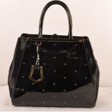 Fendi 2jours Black Patent Leather With Horsehair Leather Large Bag