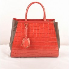Fendi 2jours Red Crocodile Veins Leather With Dark Coffee Ferrari Leather Medium Bag