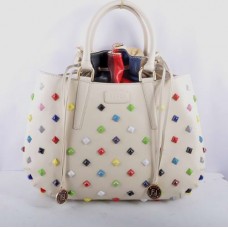Fendi B Fab White Leather with Multicolor Jeweled Large Top-handle Bag