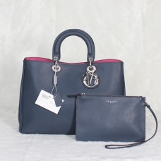Dior Diorissimo Jumbo Bag Sapphire Blue Imported Litchi Leather (Silvery Hardware) 602