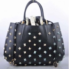 Fendi B Fab Black Leather with Golden Jeweled Large Top-handle Bag